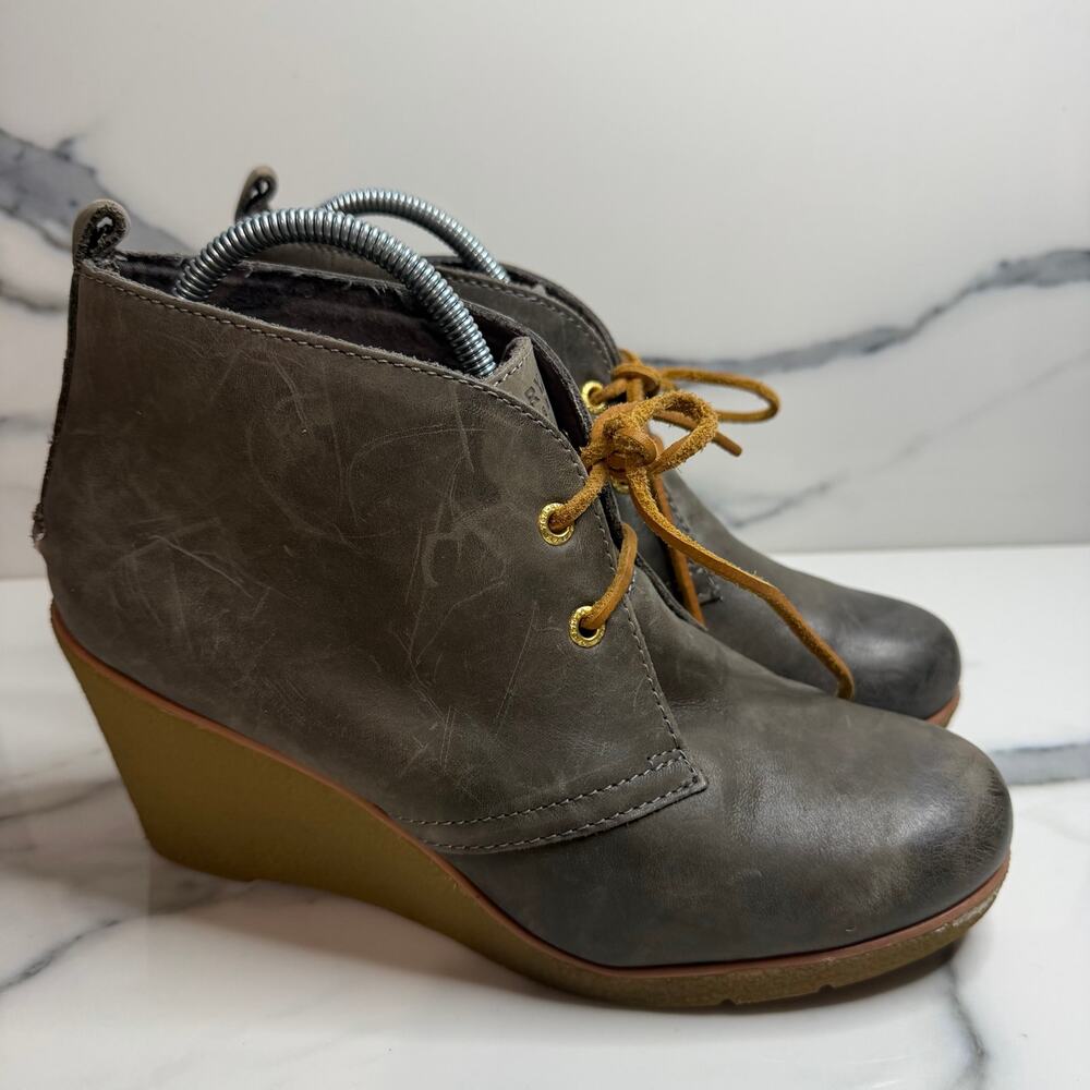 Sperry Women's Gray Leather Wedge Boots Sz 9.5 Festival Boho Classic Preppy